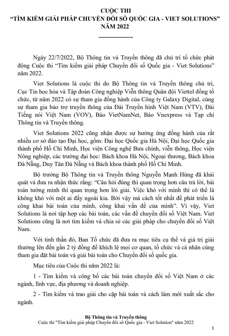 CUỘC THI  “TÌM KIẾM GIẢI PHÁP CHUYỂN ĐỔI SỐ QUỐC GIA - VIET SOLUTIONS” NĂM 2022